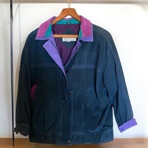 Vintage AVANTI Suede Bomber Jacket Green/Purple Front Zip Collar Men’s Large